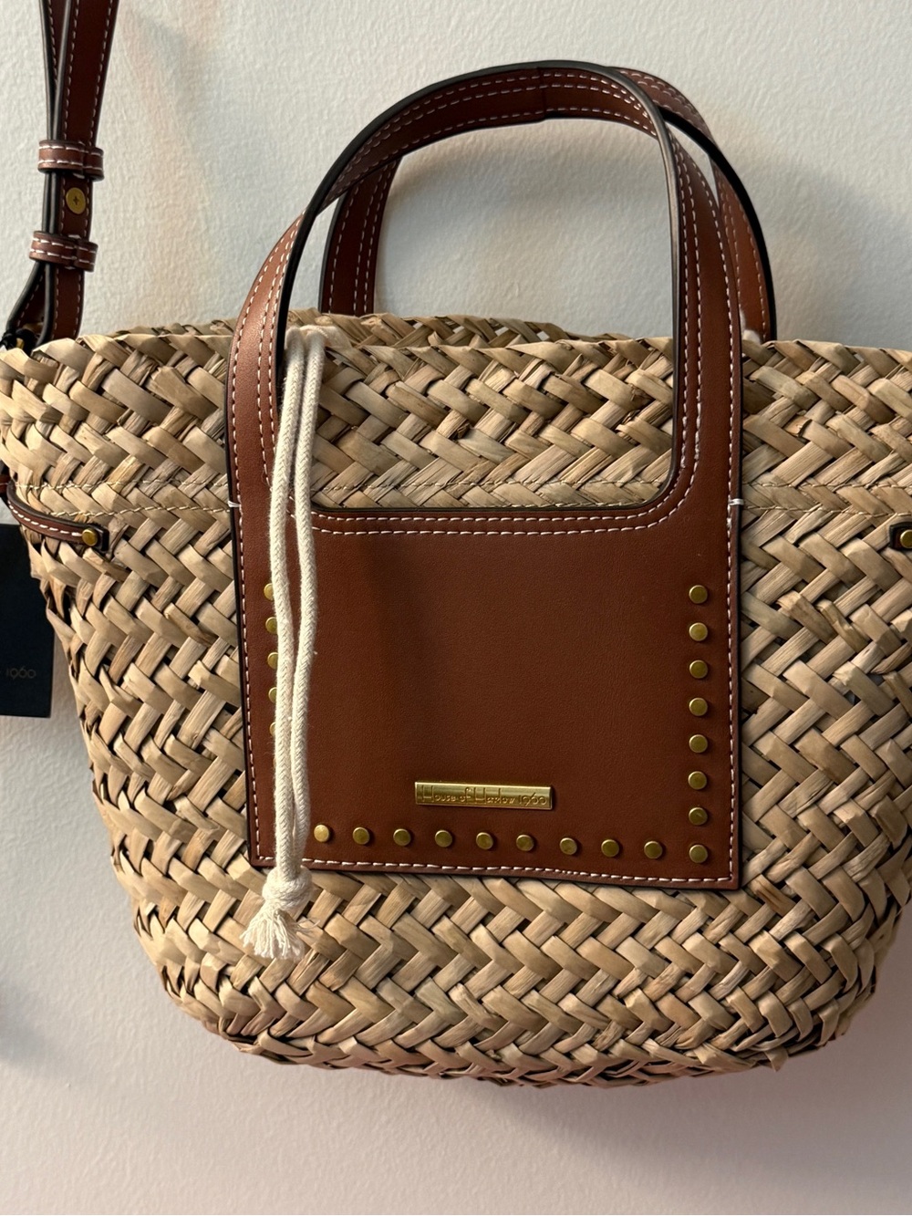 House of Harlow 1960 Woven Straw Satchel with Brown Leather Trim and Gold Studs